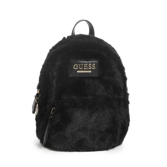 New Guess Evan Faux-Fur Mini Backpack Black - Picture 1 of 6